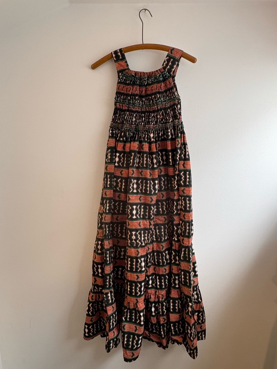 Dresses & Skirts - Smocked Bodice African Wax Print Maxi Dress in Rust, Green and Black